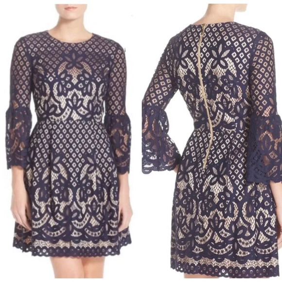 ELIZA J Bell Sleeve Lace Fit and Flare Dress Navy Blue Size 12 Petite - Picture 1 of 7